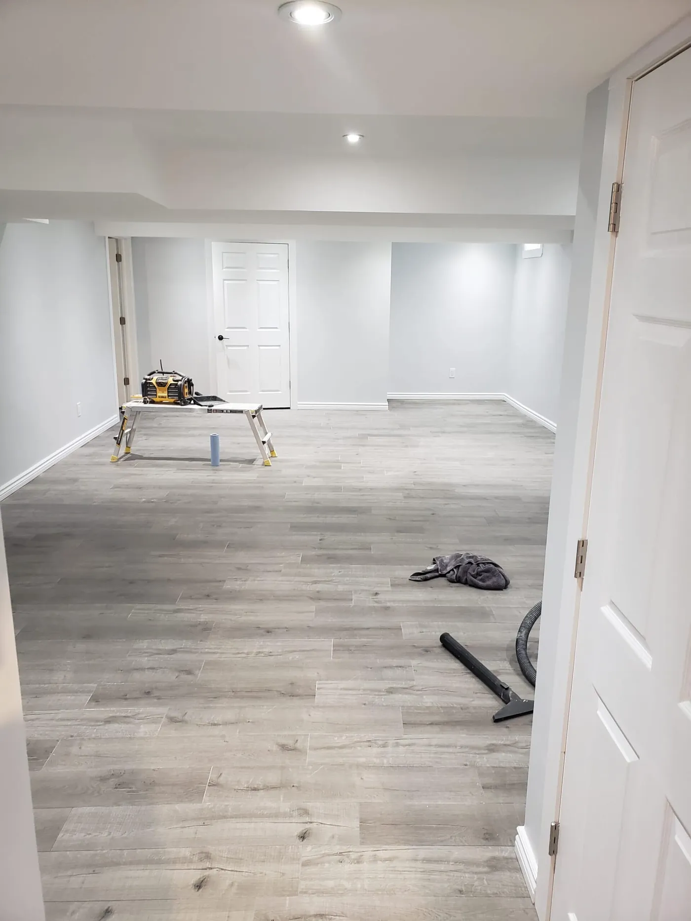 Finished lower level with white doors and pot lights